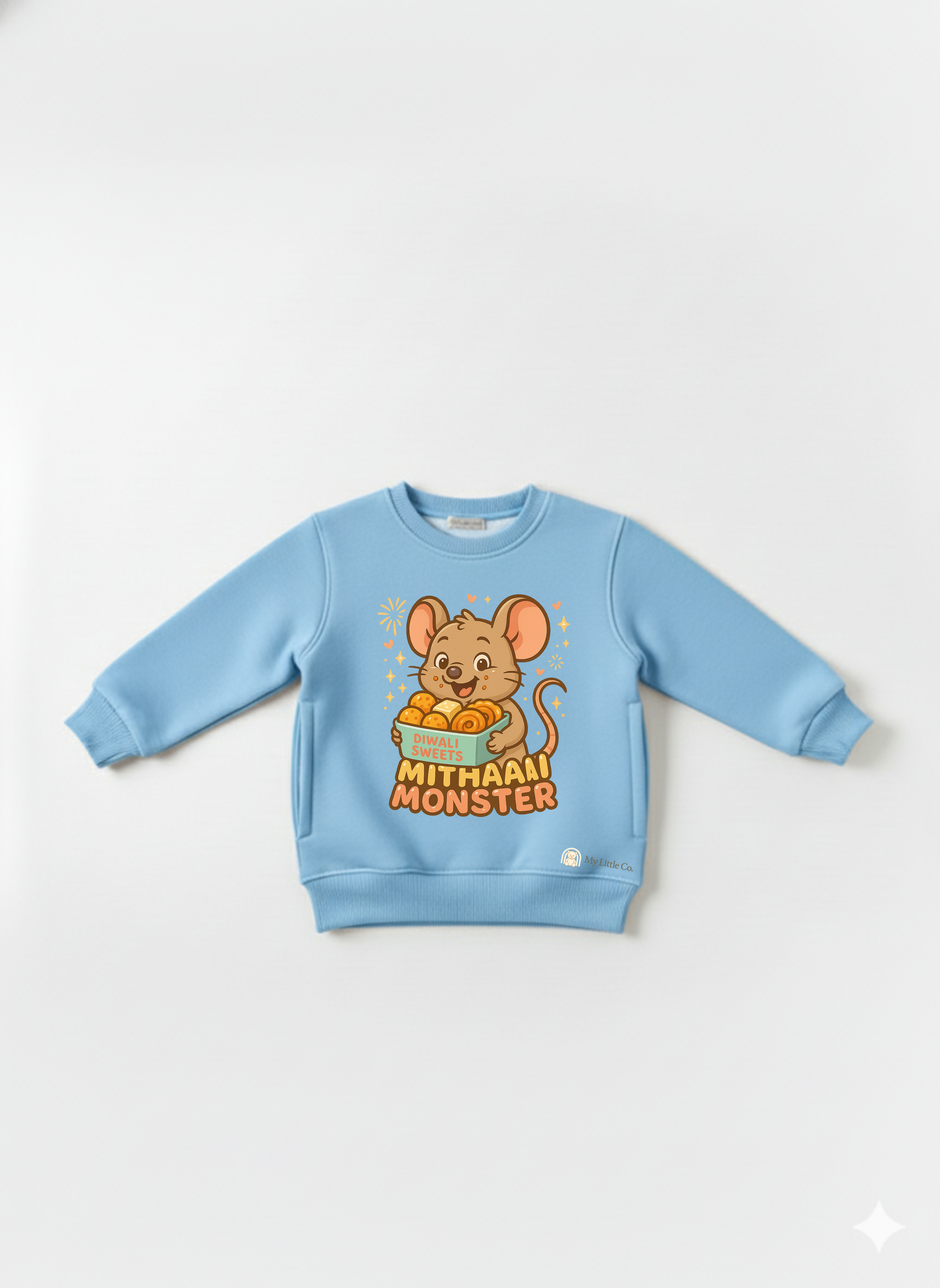 Sky blue Mithaai Monster sweatshirt front view — festive laddoo mouse DTF print