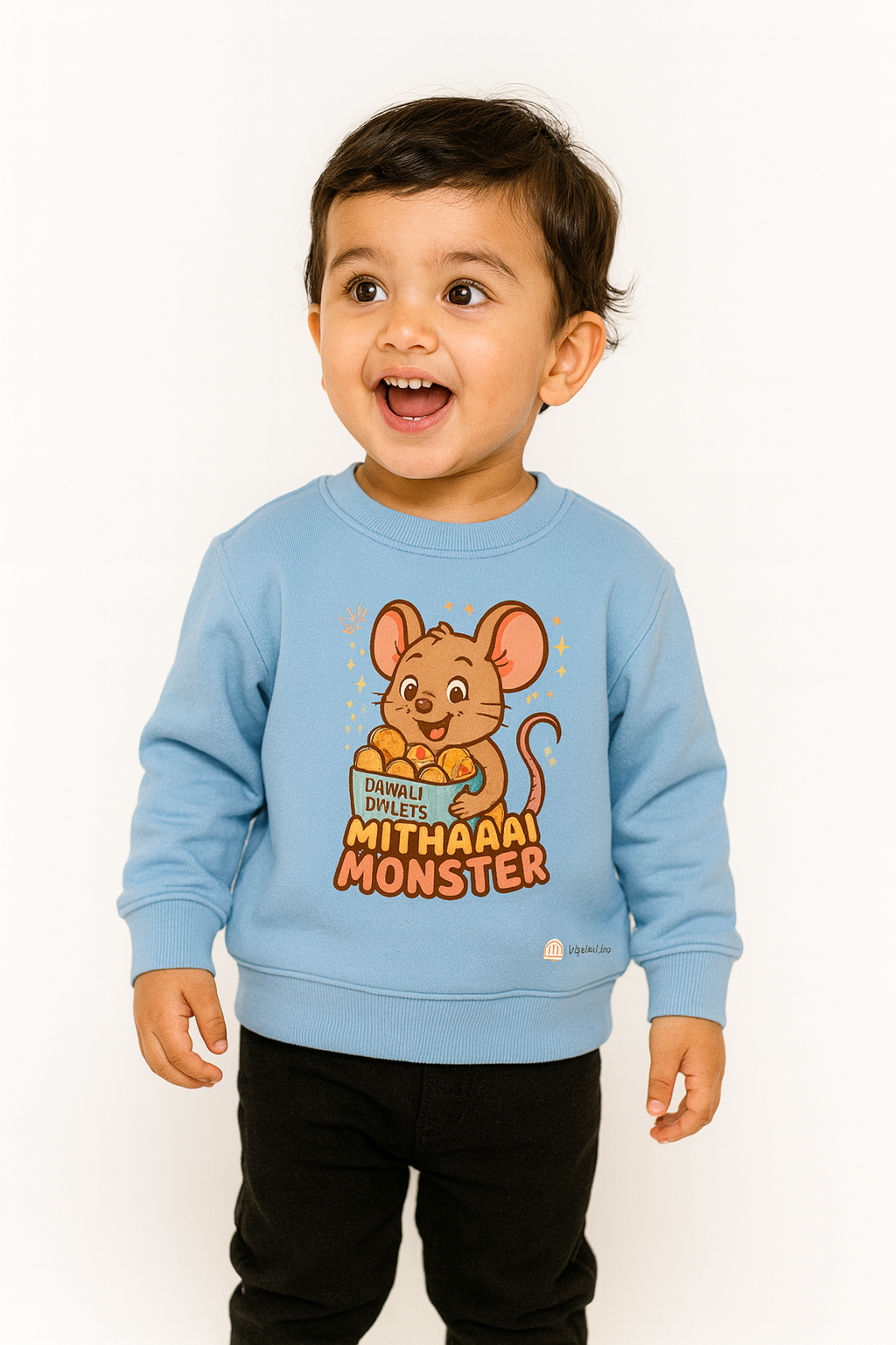 My Little Co. sky blue "Mithaai Monster" kids sweatshirt worn by child — soft cotton fleece, sizes 16–26