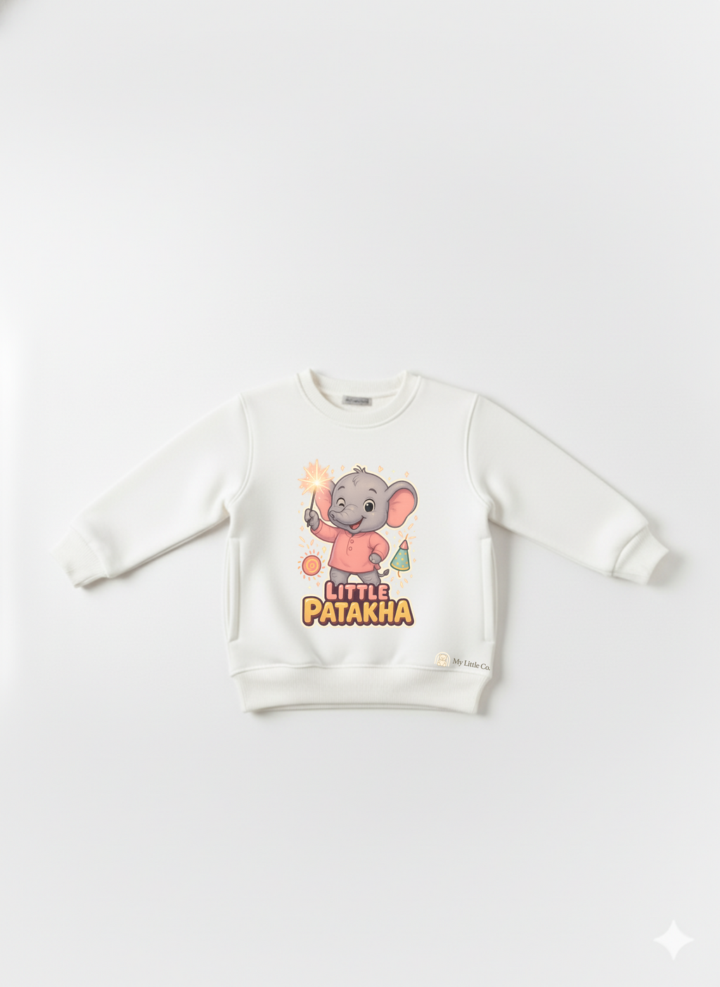 White Little Patakha sweatshirt front view — DTF sticker design applied on order, non-toxic inks