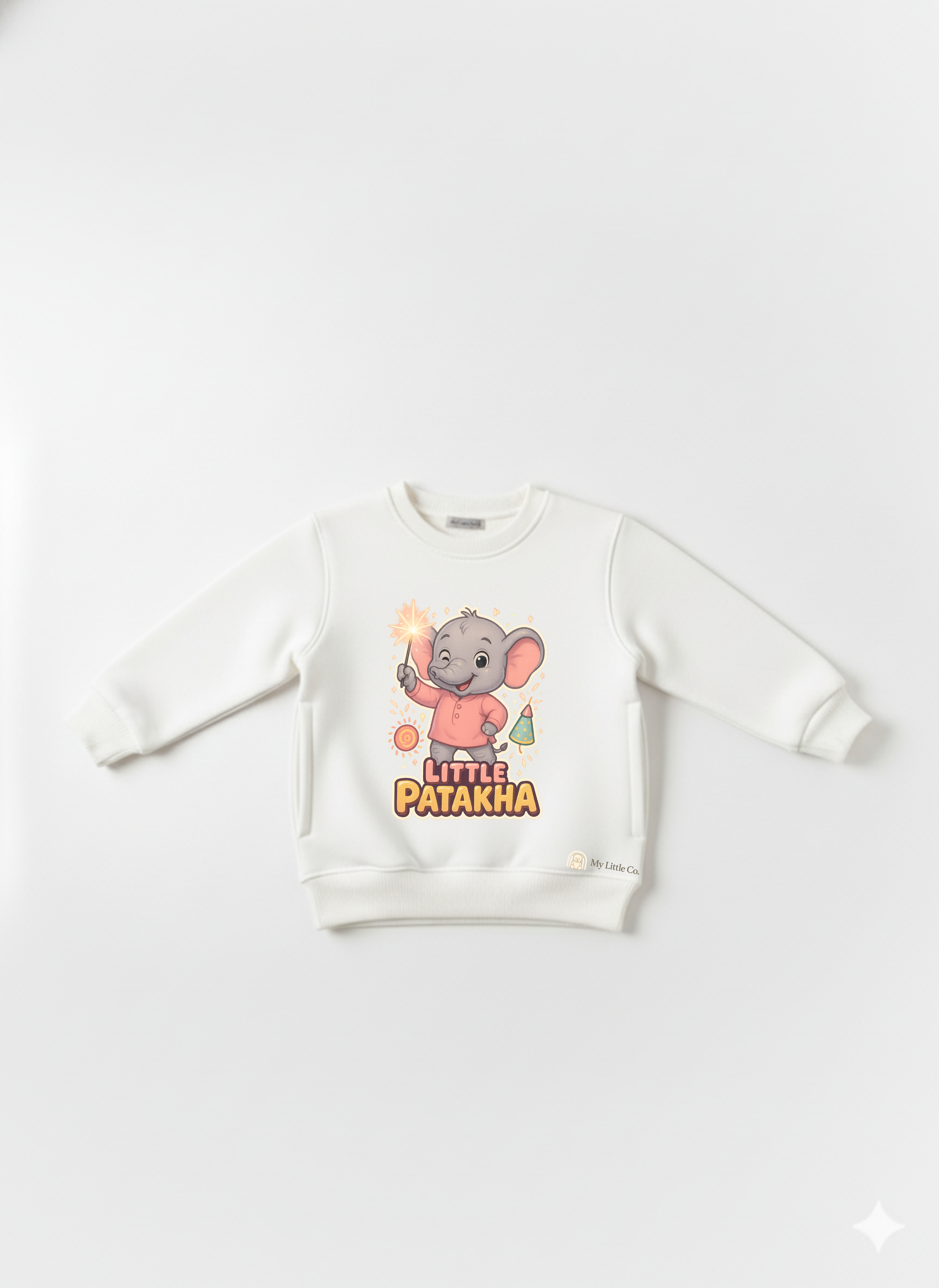 White Little Patakha sweatshirt front view — DTF sticker design applied on order, non-toxic inks
