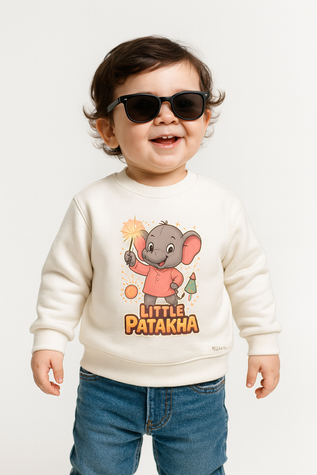 My Little Co. white "Little Patakha" kids sweatshirt worn by child — soft bio-washed cotton, sizes 16–26