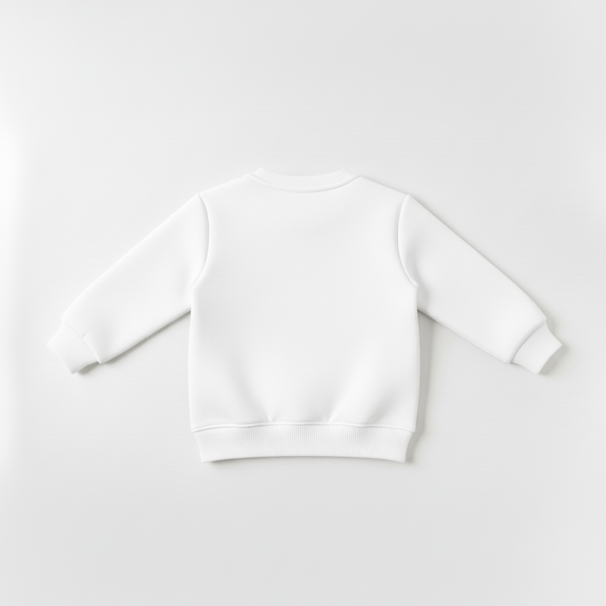 Back view of white kids sweatshirt — ribbed cuffs and hem for snug fit