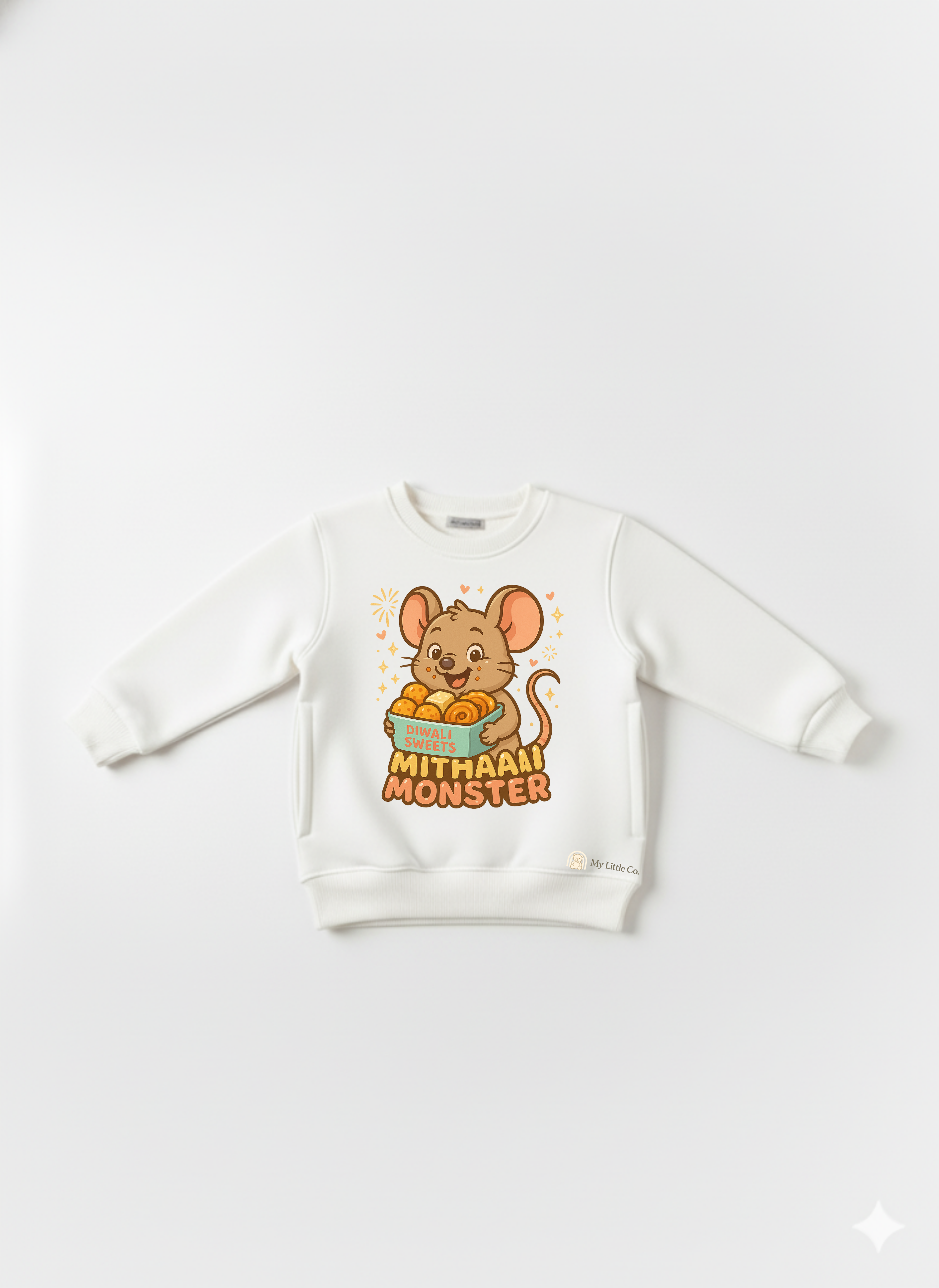 Front view of white Mithaai Monster sweatshirt — festive laddoo mouse DTF print