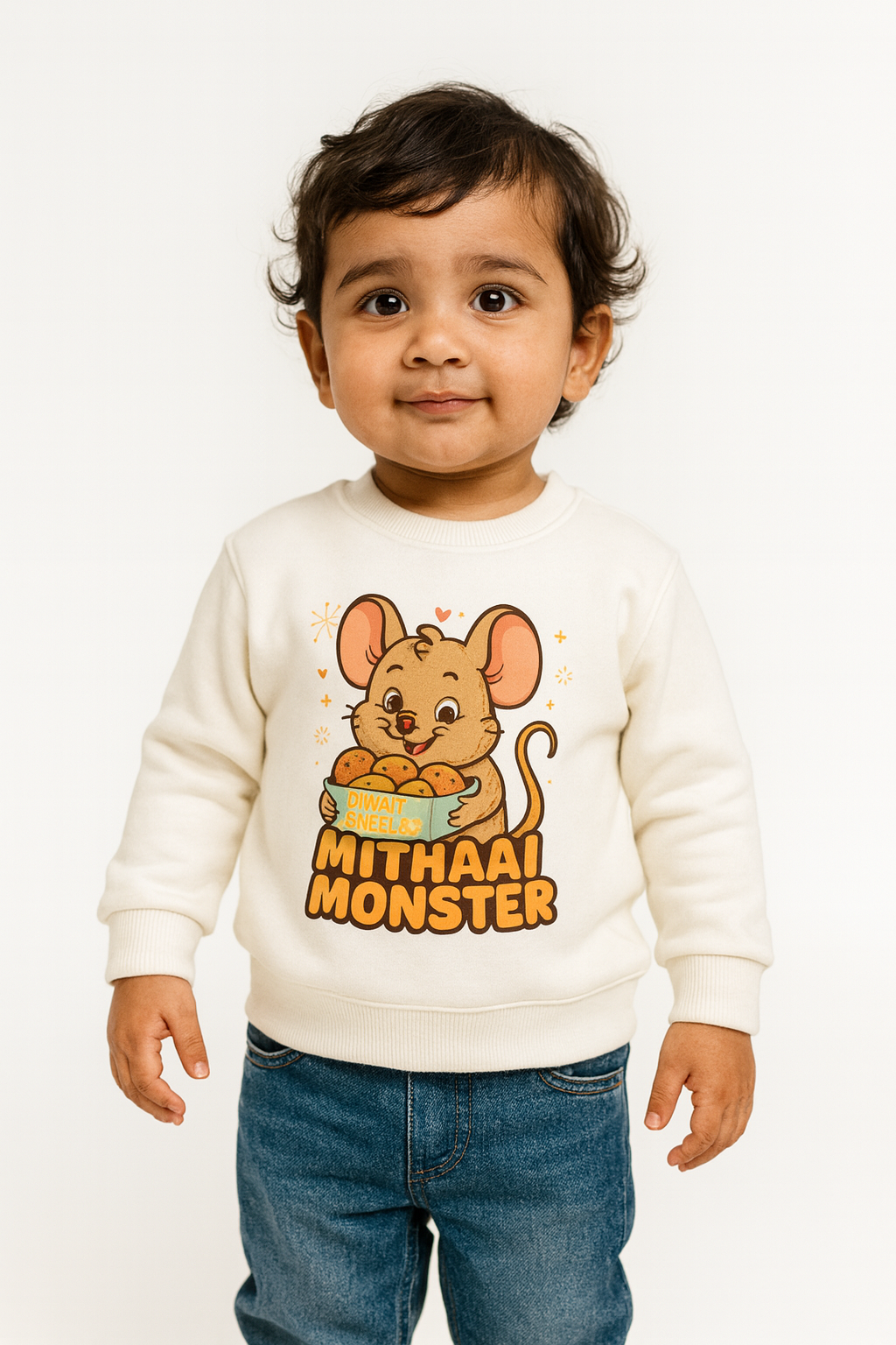 My Little Co. white "Mithaai Monster" kids sweatshirt worn by child — soft cotton fleece, sizes 16–26
