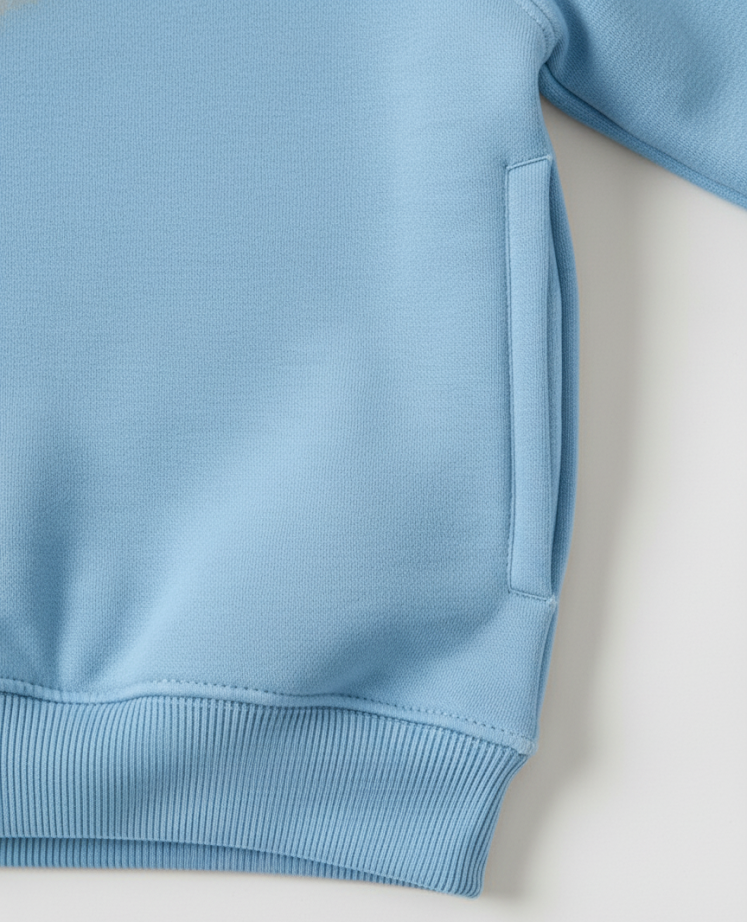 nisex toddler wearing sky blue crew neck sweatshirt with Ganesha print. Smooth anti-pill fabric.