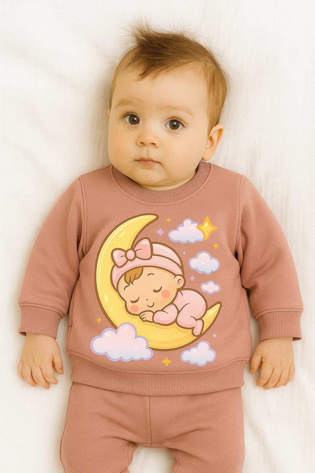 peach baby sweatshirt sleeping moon print organic brushed fleece my little co
