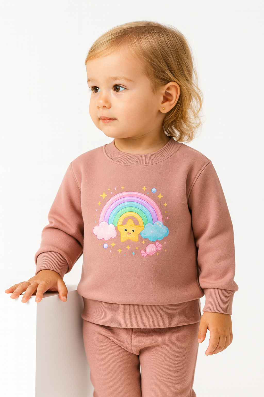 peach kids sweatshirt with rainbow star design