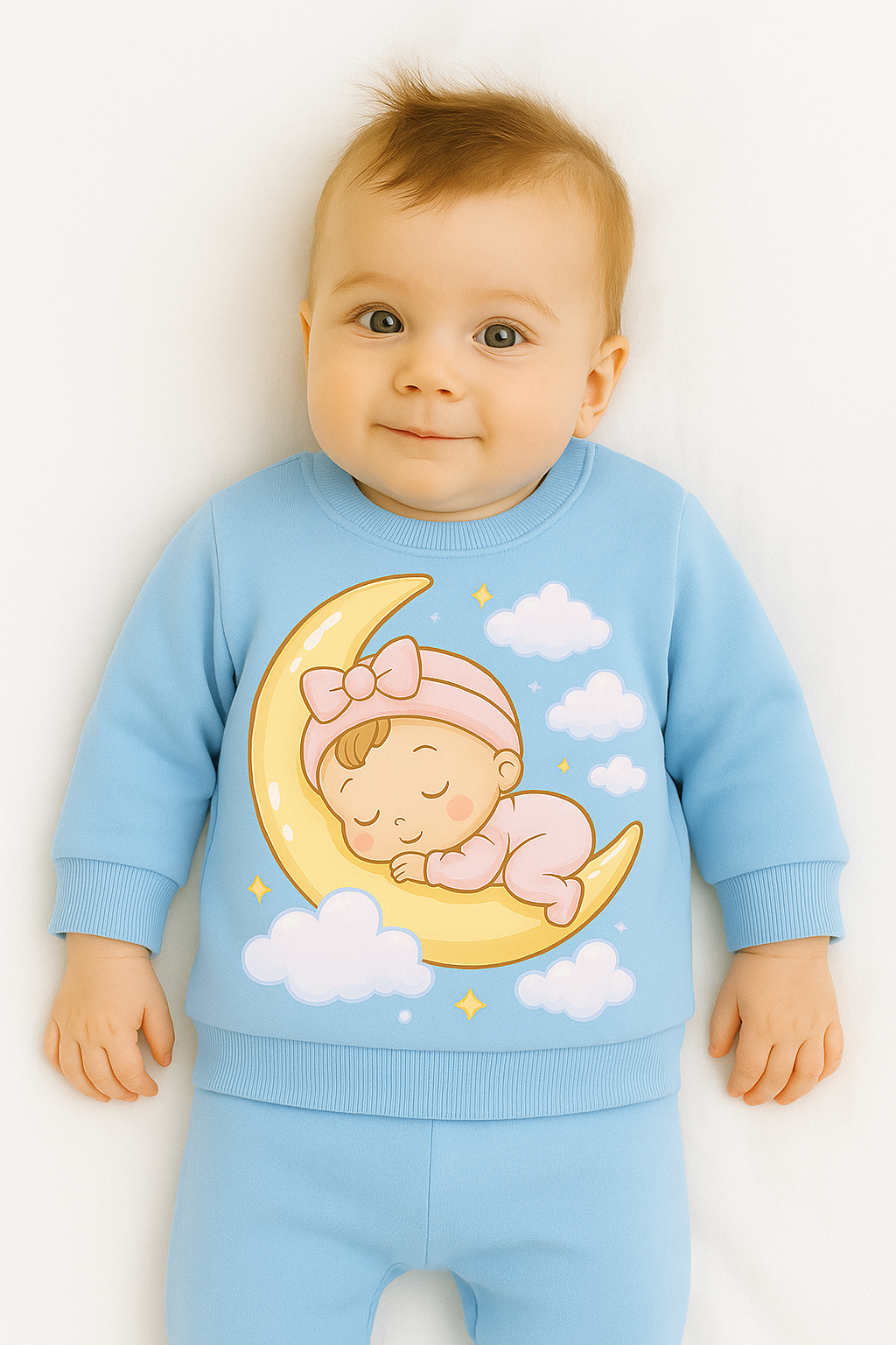sky blue baby sweatshirt sleeping moon print organic cotton fleece my little co