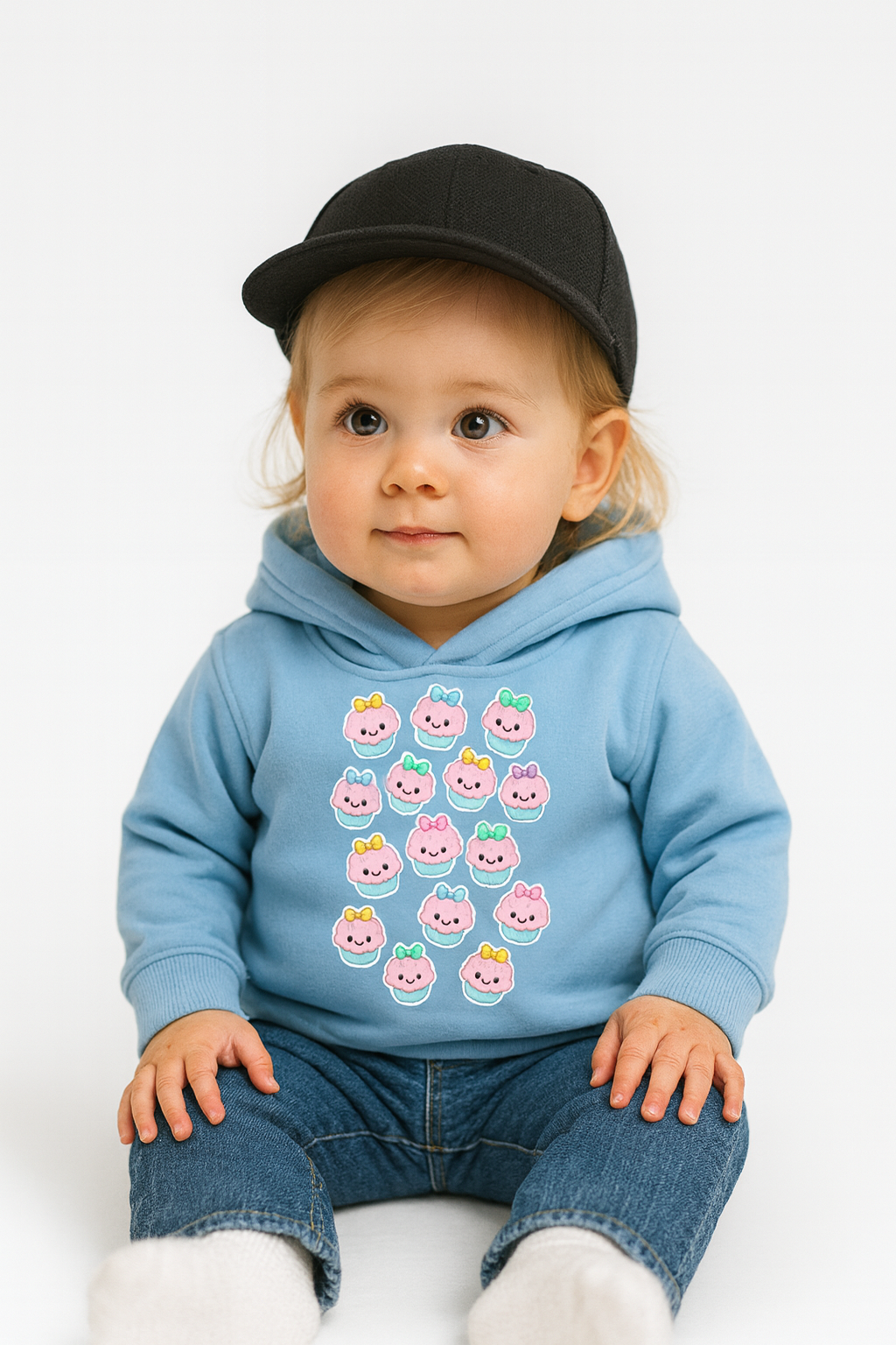 sky blue kids hoodie cupcake joy print organic cotton fleece my little co