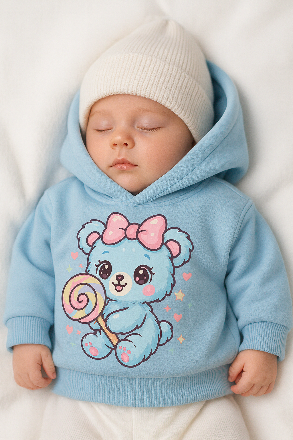 sky blue kids hoodie with bear DTF print