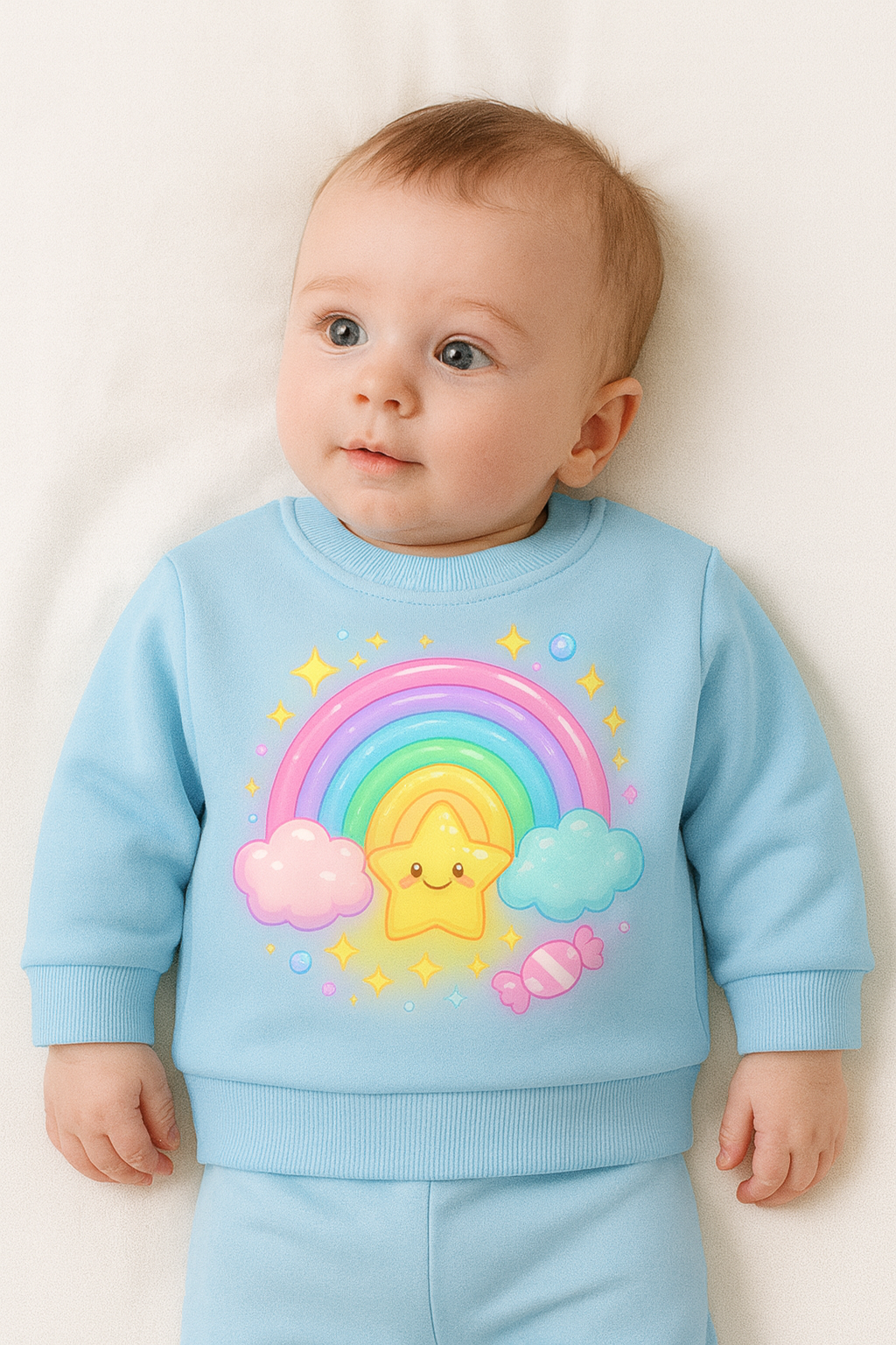 sky blue kids sweatshirt with rainbow star print