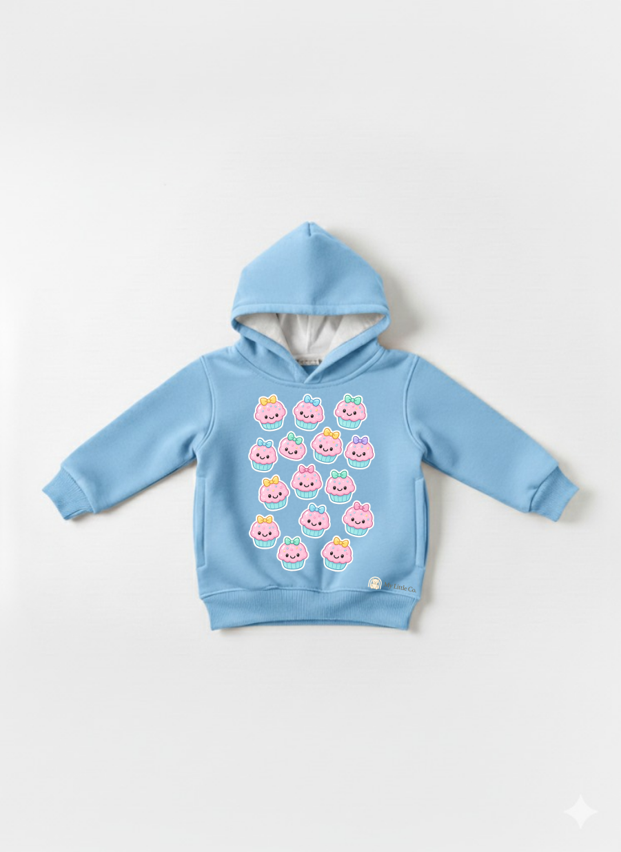 toddler hoodie bio washed eco safe pastel cupcake print fleece fabric