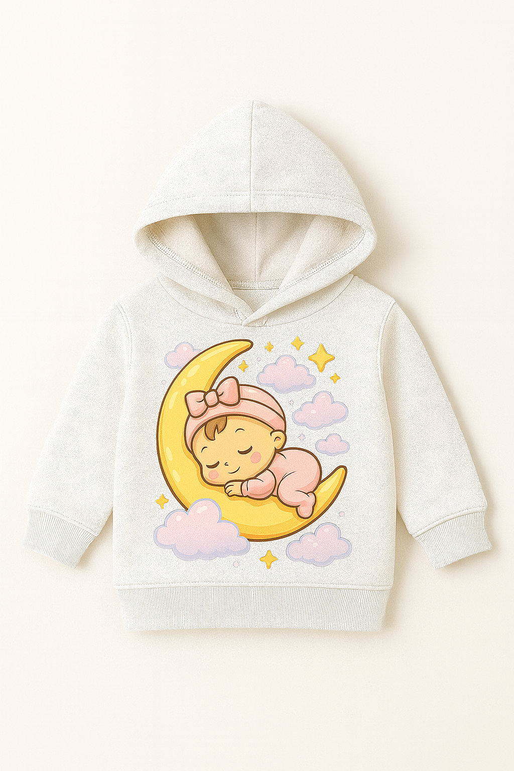 white baby hoodie sleeping moon dtf artwork