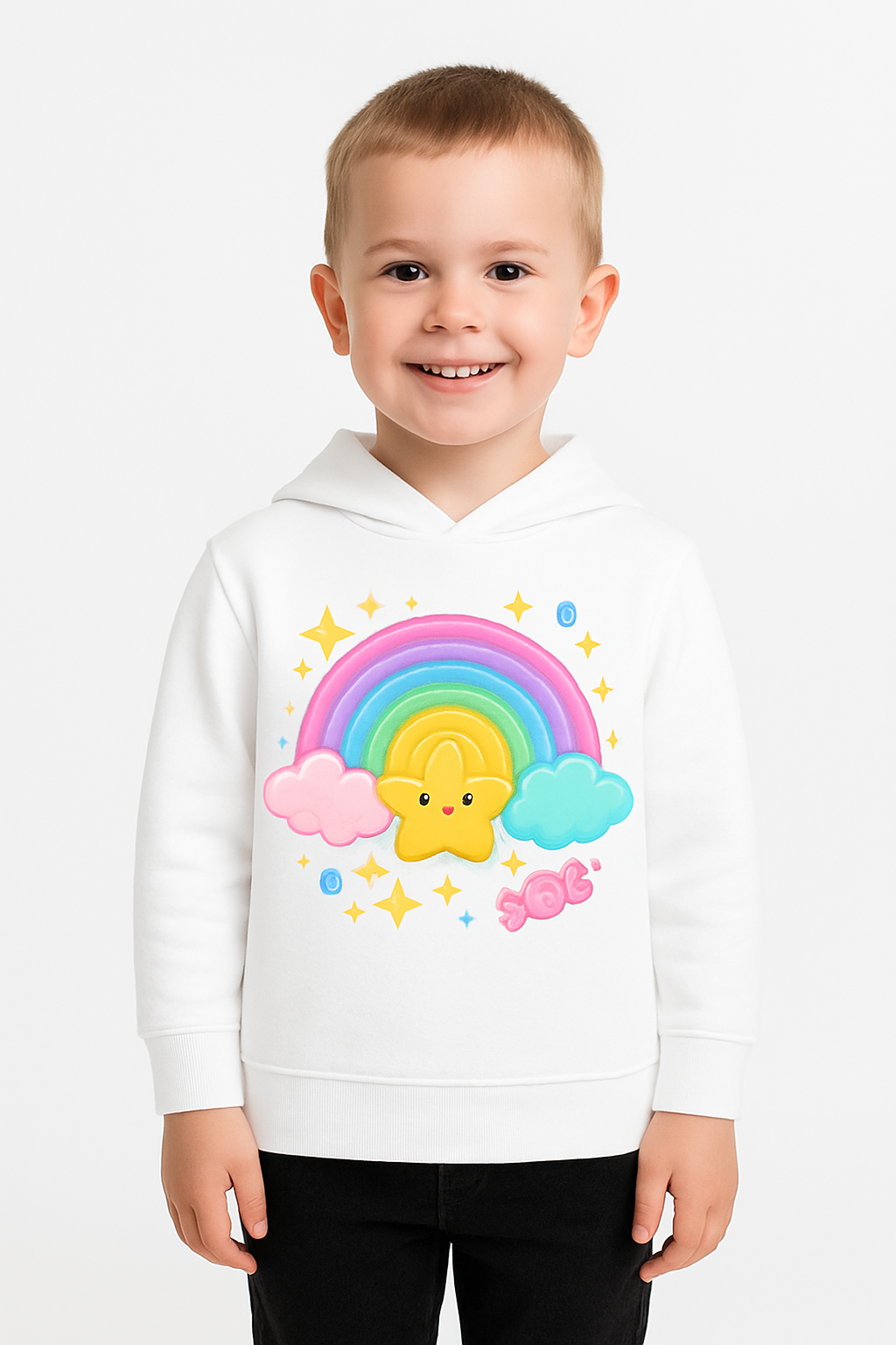 white baby hoodie with rainbow star dtf print my little co