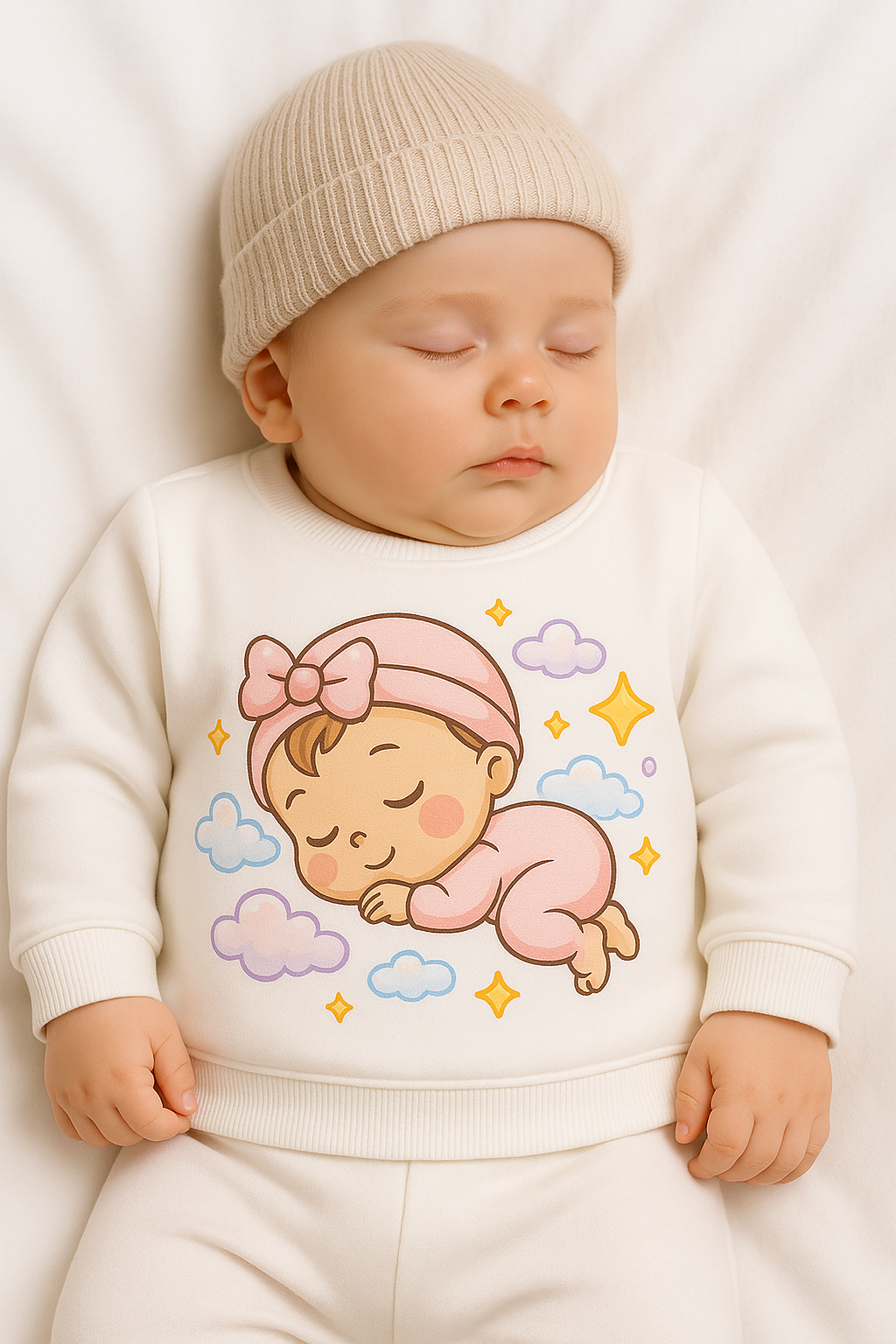 white baby sweatshirt sleeping moon print organic brushed fleece my little co