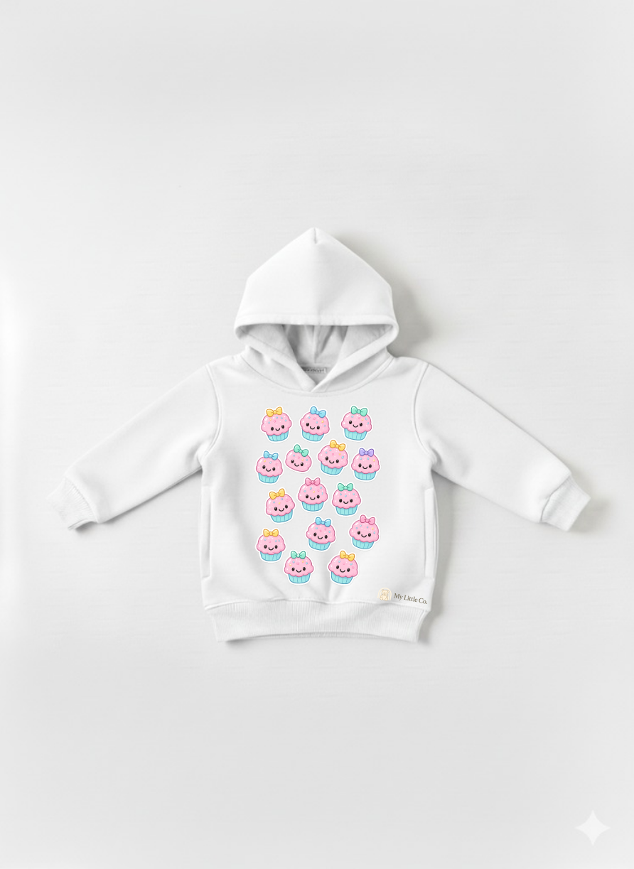 white kids hoodie cupcake joy print hypoallergenic organic fleece my little co