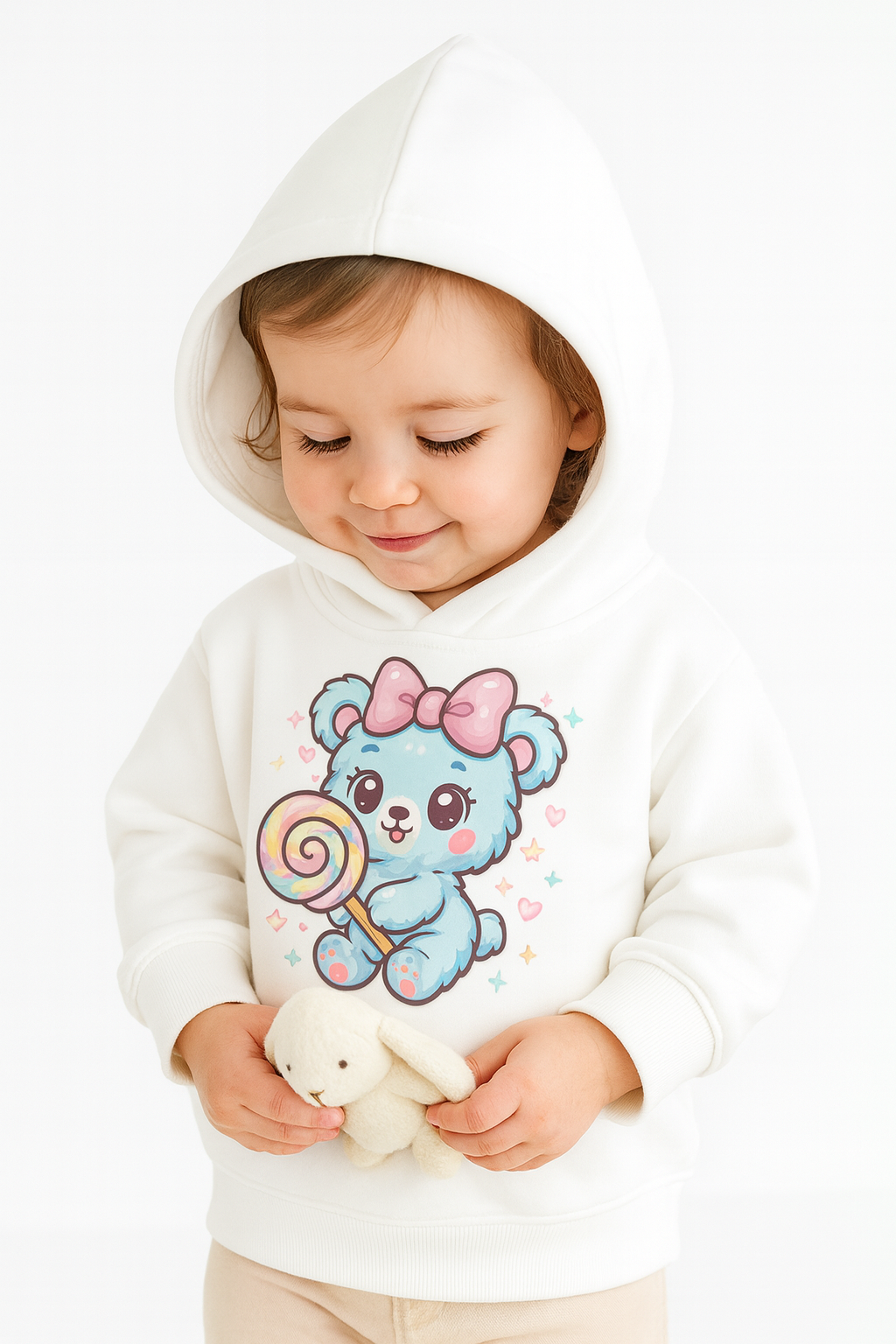 white kids hoodie with bear and lollipop design