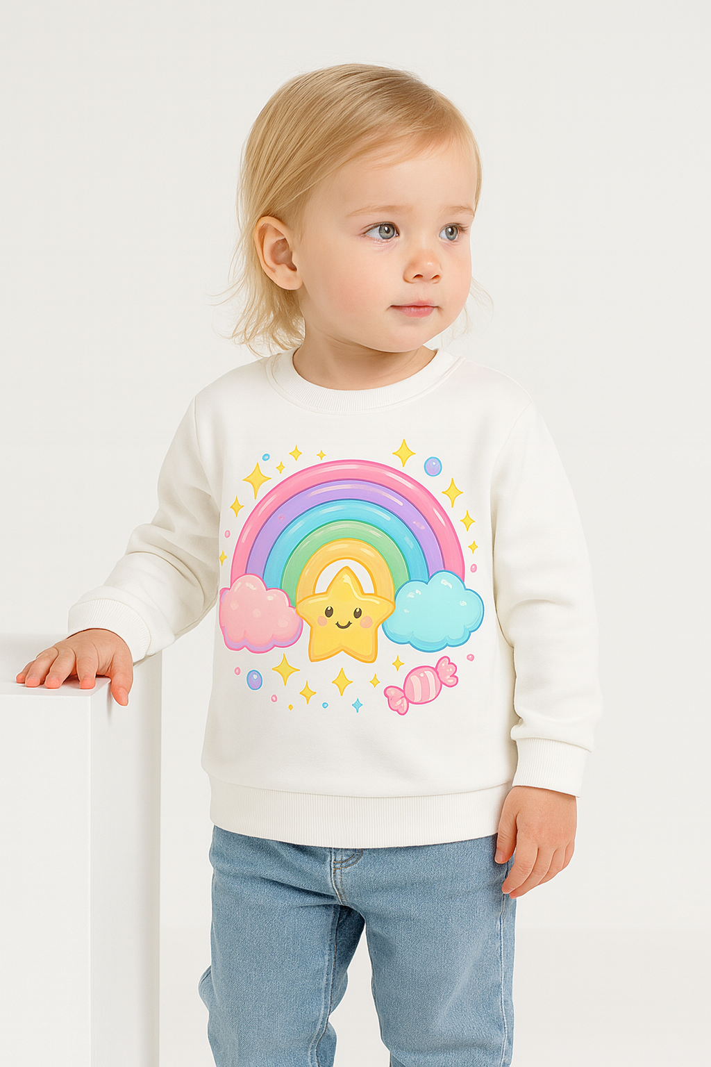 white kids sweatshirt with rainbow star print